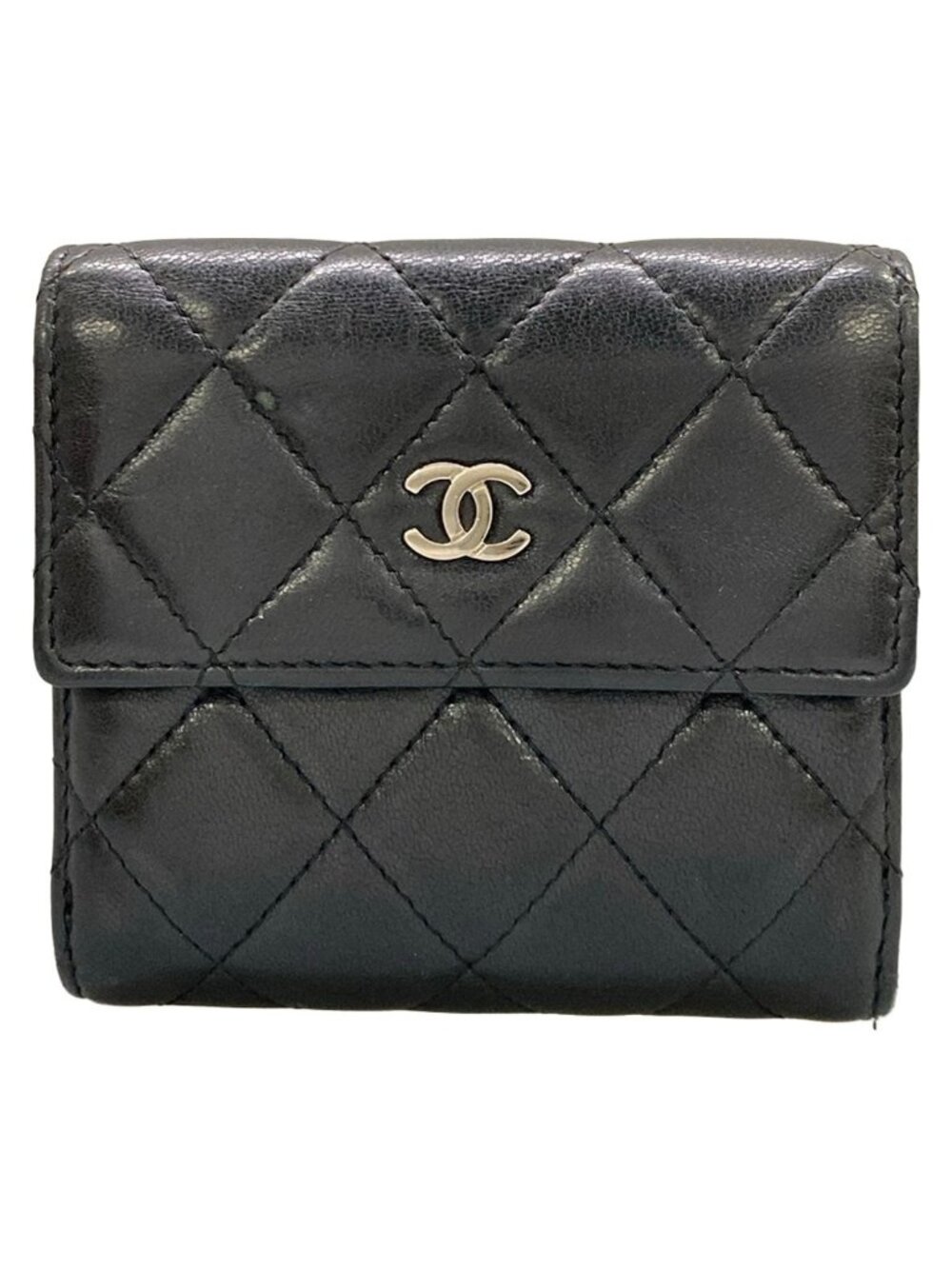 Chanel Bifold Wallet Quilted Black Double Hook CC Logo Silver Lambskin
